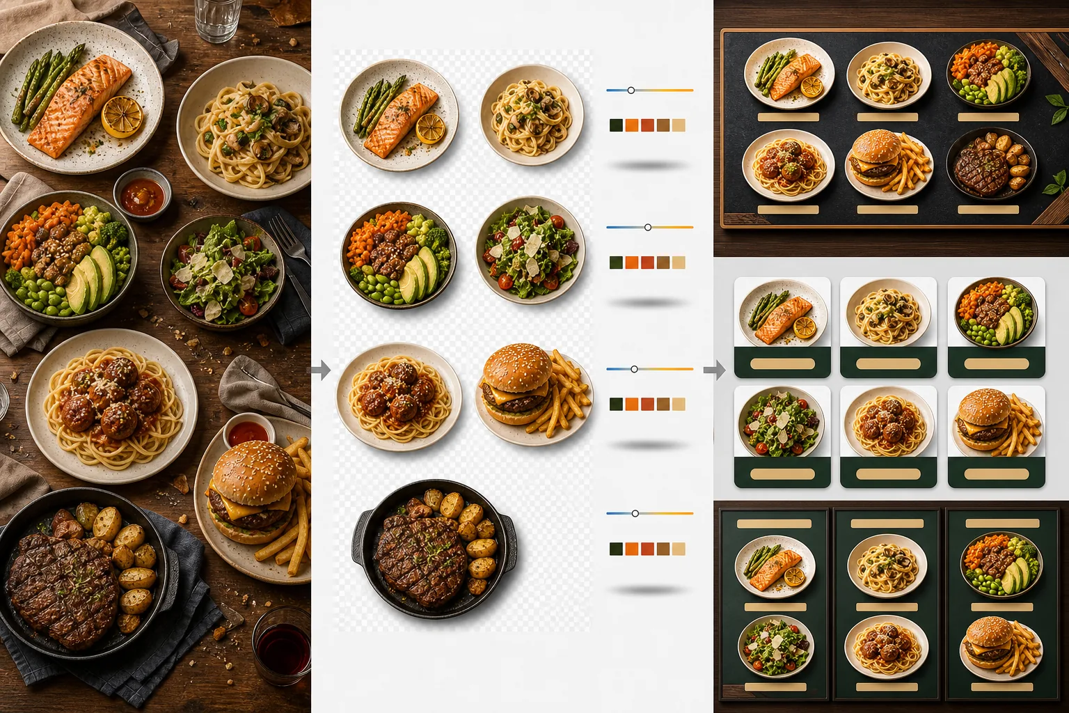 AI menu board design workflow isolating food photos from cluttered tables, normalizing color and shadows, and preparing consistent digital menu board plus delivery listing layouts