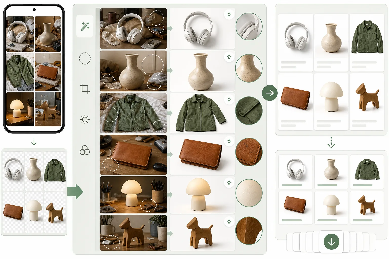 AI Mercari marketplace listing workflow cleaning phone photos of electronics, clothing, home goods, and collectibles, removing clutter and glare, enhancing item condition details, and preparing consistent product thumbnails