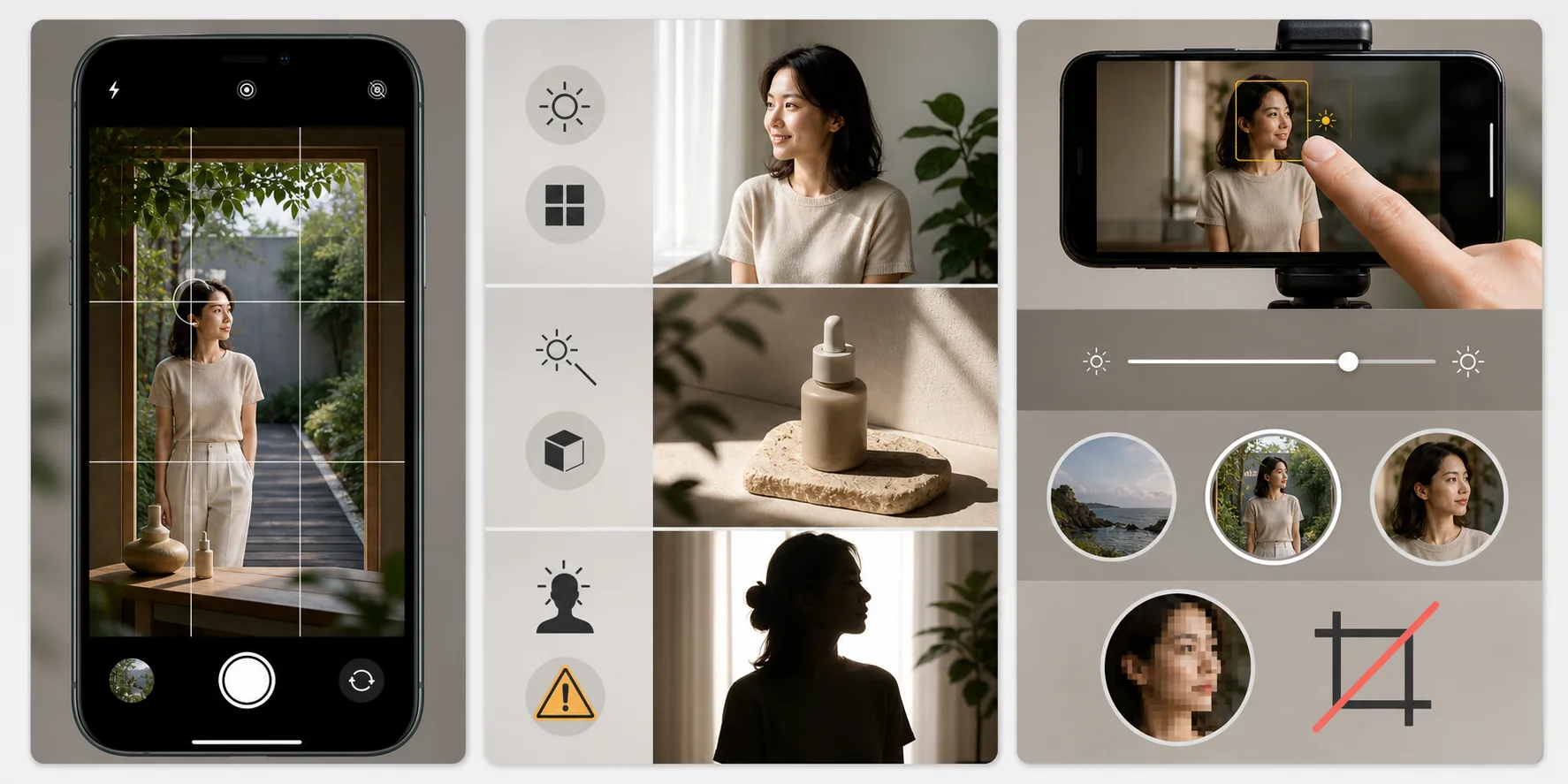 Phone photography workflow showing rule of thirds composition, natural framing, lighting direction, focus and exposure lock, optical lens choice, and digital zoom avoidance