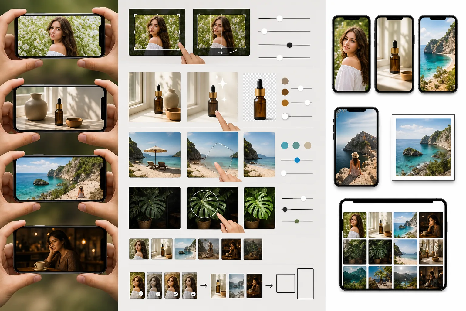 Mobile photo editing workflow showing phone capture, touch-based edits, object cleanup, background removal, presets, batch editing, and mobile-ready exports