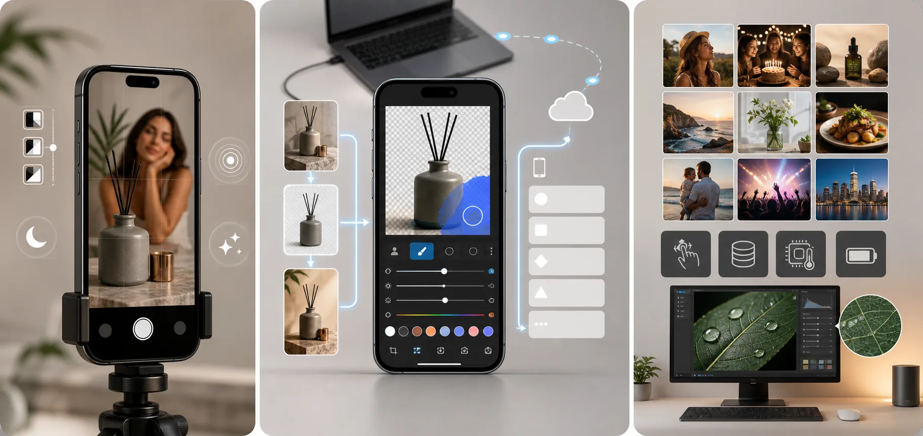Mobile photo editing workflow showing phone capture, on-device AI editing, fast sharing, everyday use cases, mobile constraints, and desktop handoff for fine detail work