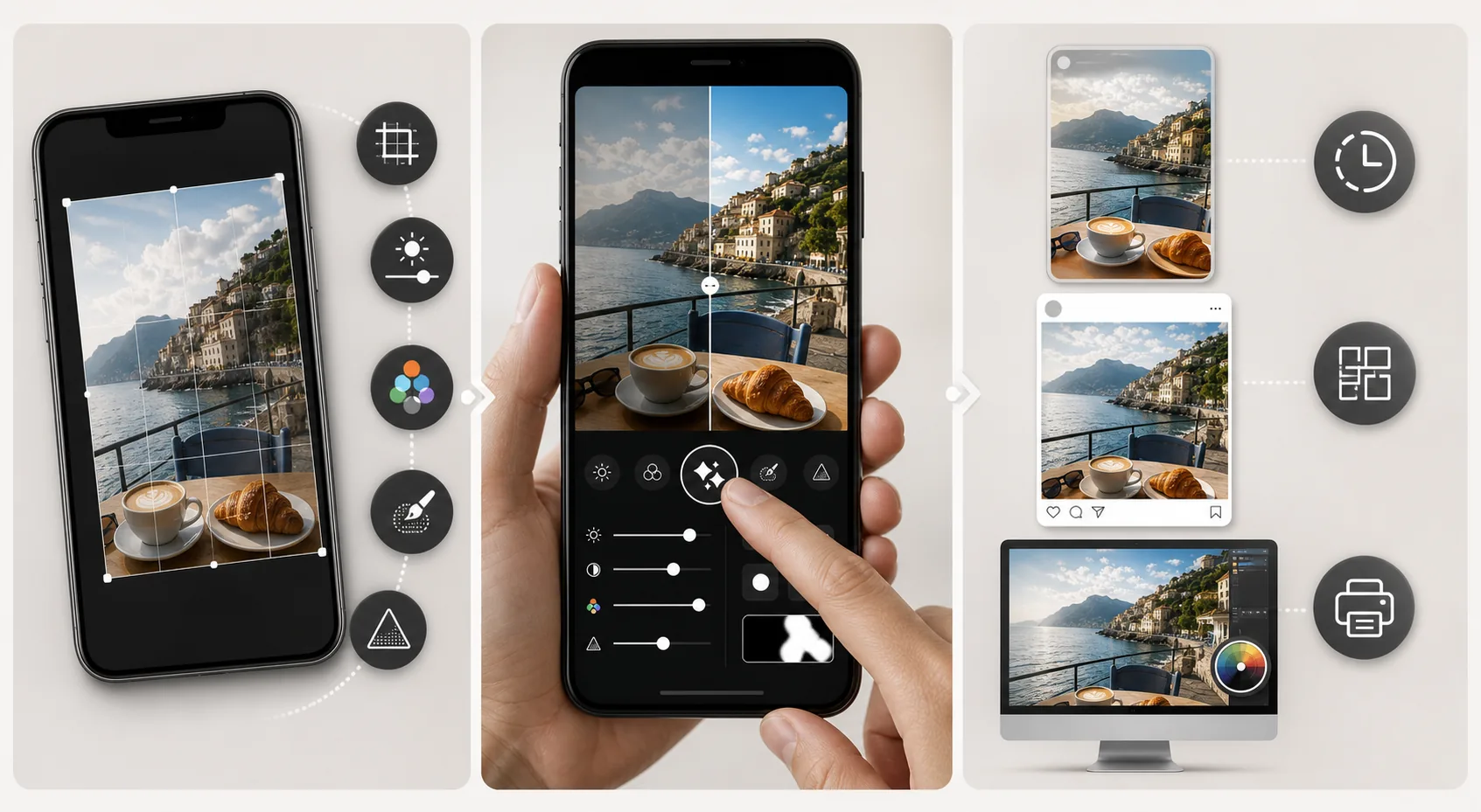 Quick mobile photo editing workflow showing straighten and crop, exposure correction, color adjustment, distraction cleanup, sharpening, AI auto-enhance, and destination-based editing effort