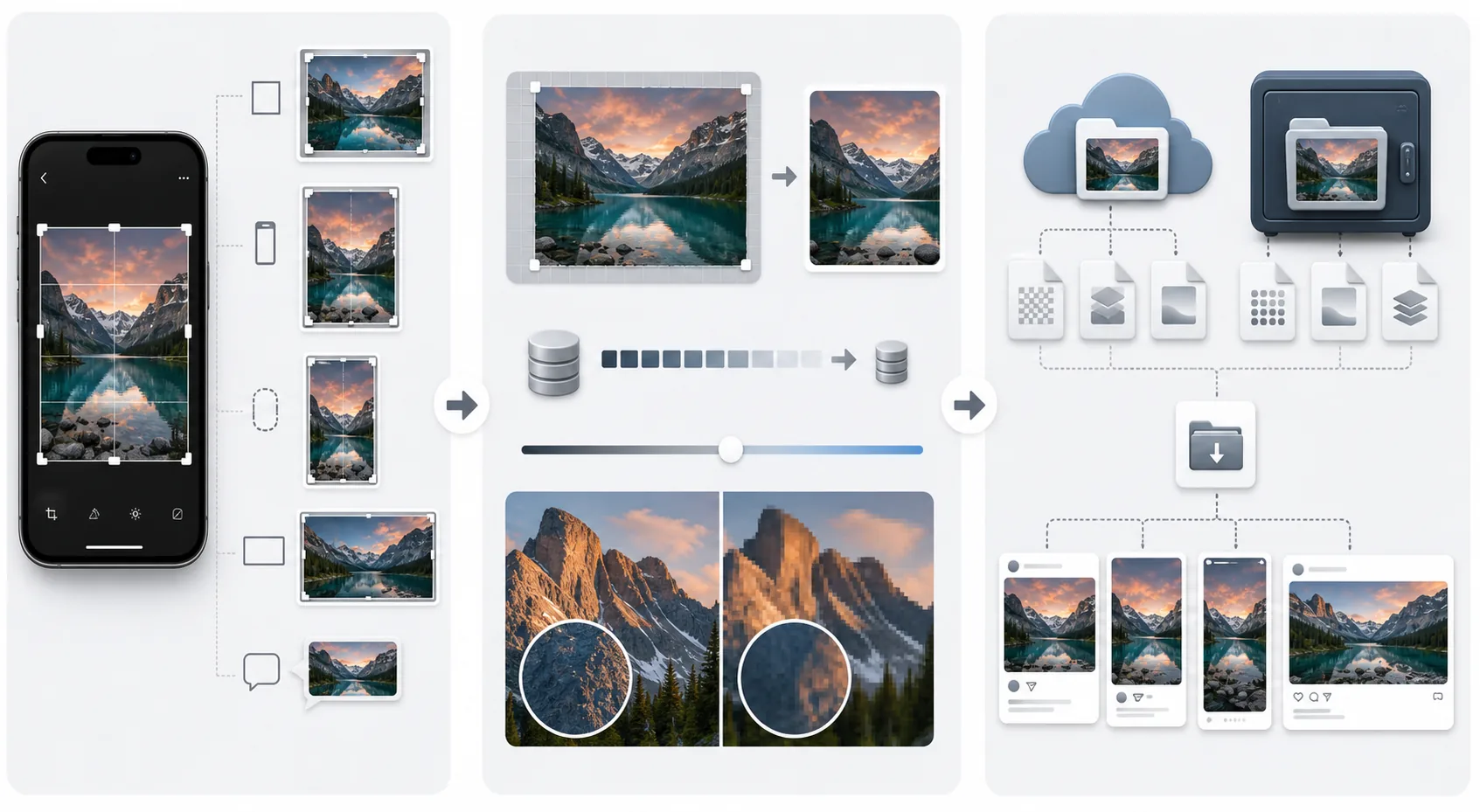 Mobile photo export workflow showing platform-specific crops, exact display sizing, compression quality comparison, social upload variants, and full-quality archive preservation