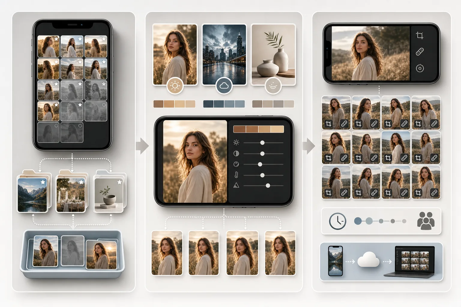 Mobile editing workflow showing organized photo albums, keeper flags, reusable style presets, batch edits across a session, focused editing blocks, and cloud desktop handoff