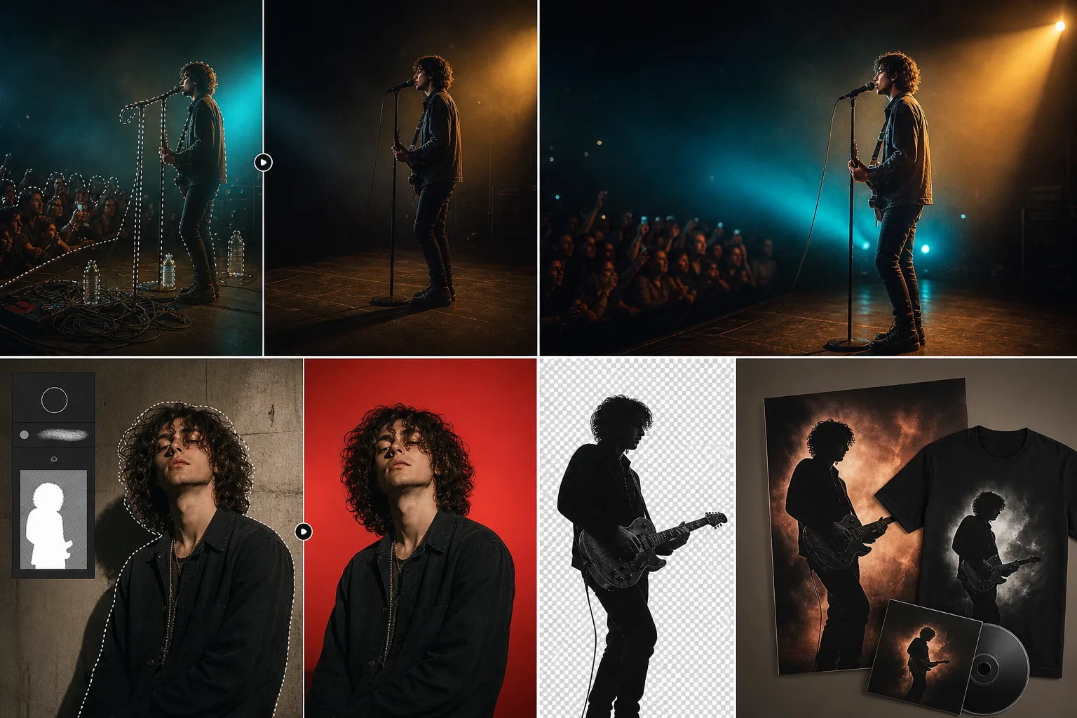 AI music photo editing workflow cleaning concert photos, isolating artist portraits, enhancing stage lighting, and preparing merch artwork