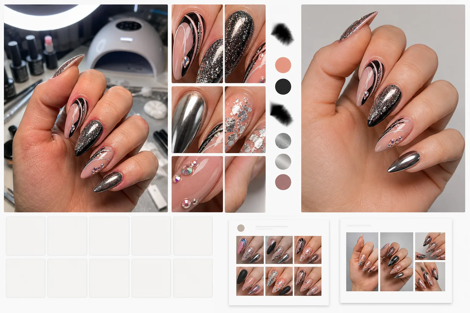 AI nail art portfolio workflow enhancing macro nail details, correcting polish color, cleaning cuticles and salon clutter, and preparing square portfolio gallery images