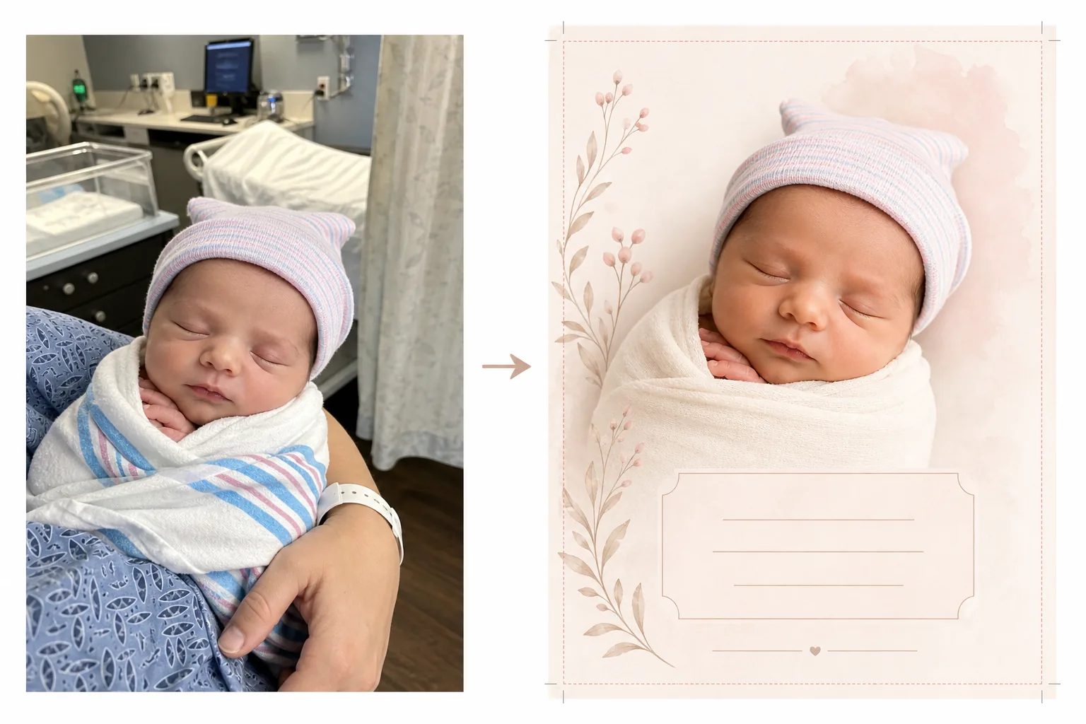 AI newborn announcement card workflow removing hospital background clutter, warming newborn skin tones, and preparing a soft pastel print-ready card image