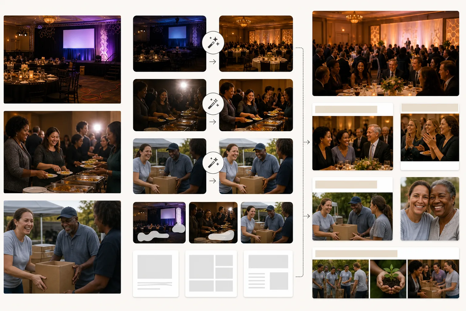AI nonprofit fundraiser photo workflow correcting dim event lighting, warming volunteer moments, removing event clutter, and preparing donor appeal and annual report images