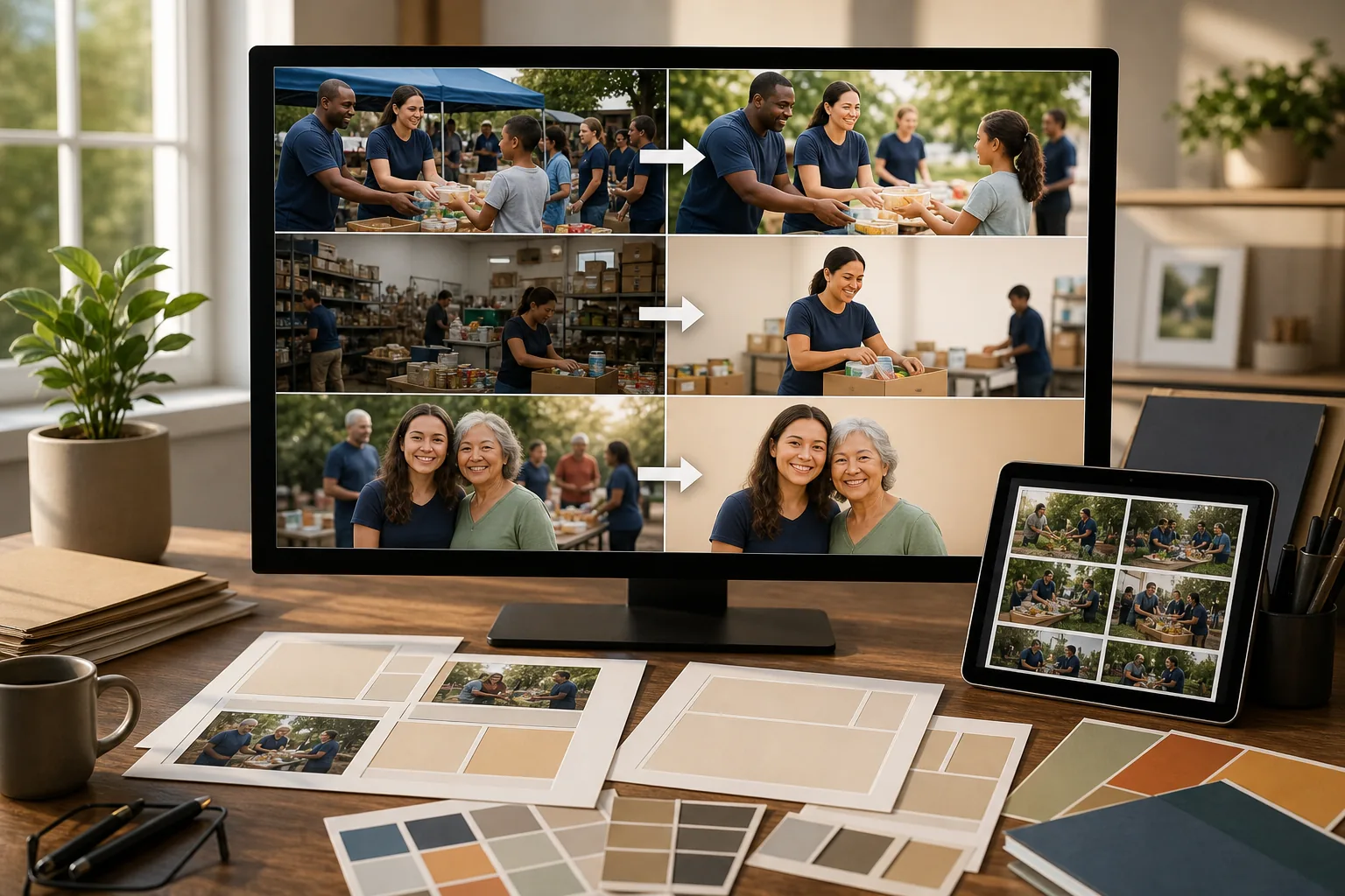 AI nonprofit fundraiser visual workflow enhancing event photos, cleaning impact images, and preparing donor campaign layouts