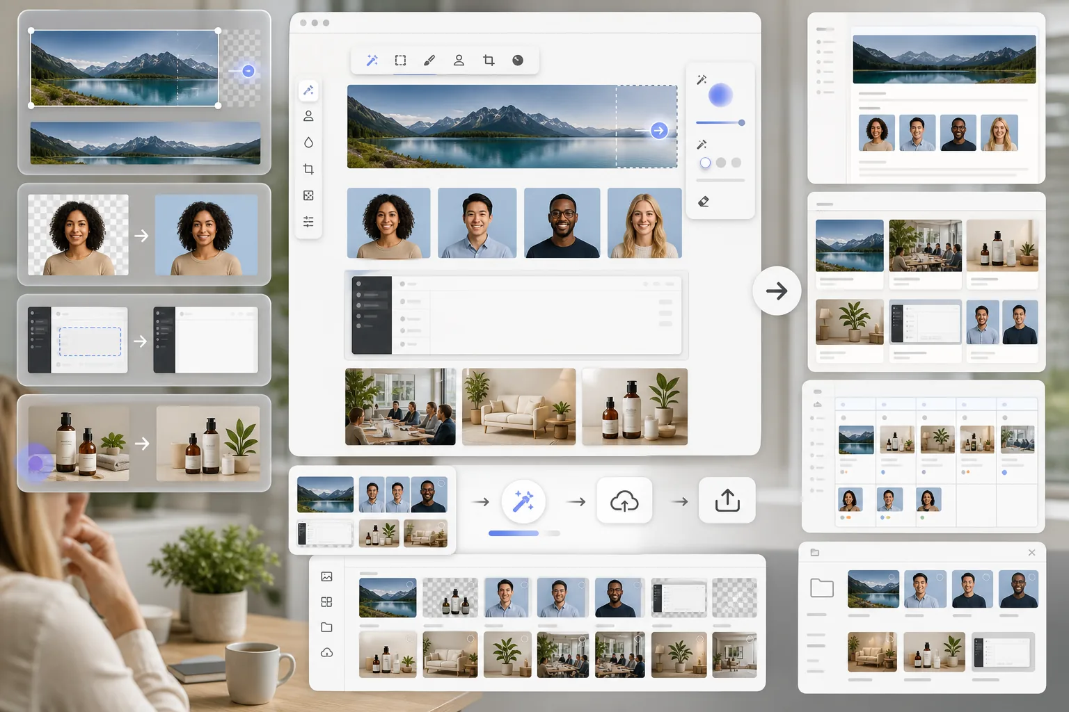 AI Notion image prep workflow creating wide cover photos, consistent team headshots, redacted screenshots, and polished marketing embeds for workspace pages