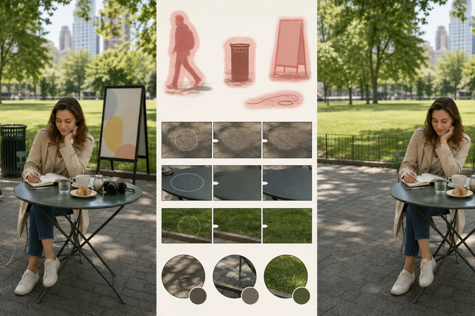 Before and after object removal workflow showing selection masks, background reconstruction, and a cleaned photo