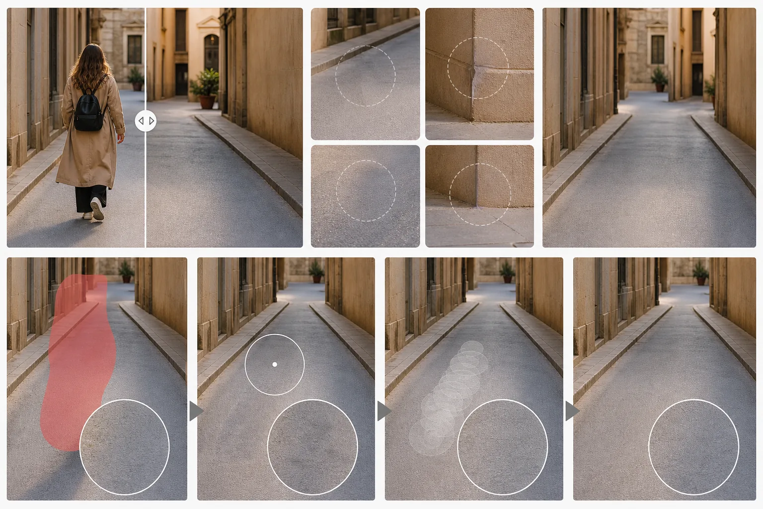 Object removal quality review showing comparison slider inspection, zoomed artifact checks, heal brush refinement, and a clean final result