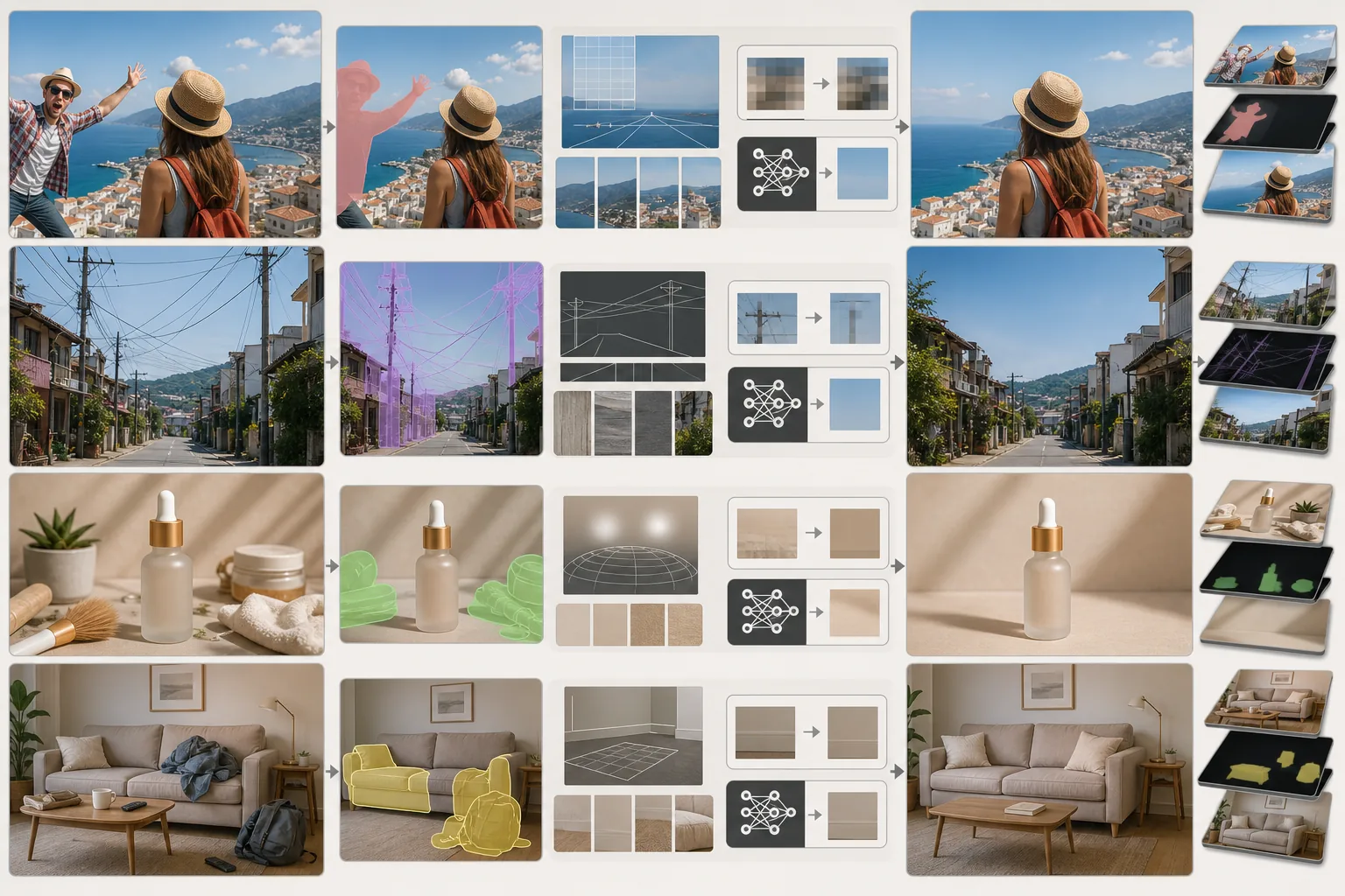 AI object removal workflow showing masked distractions, inpainting context analysis, and naturally reconstructed photo results