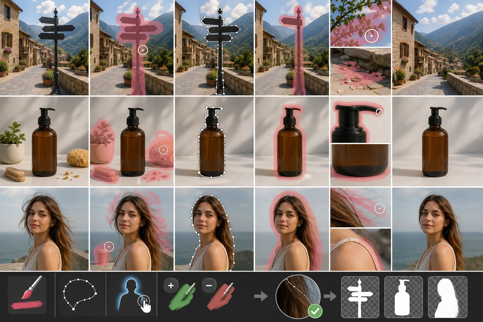 Object selection workflow showing brush masks, lasso outlines, auto-detect contours, and mask refinement before removal
