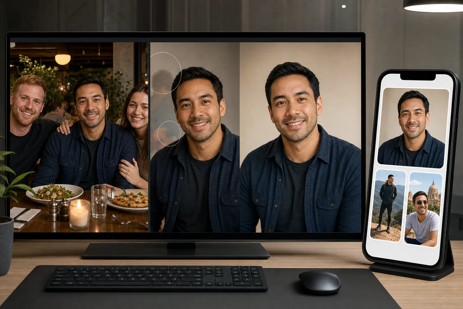 AI online dating photo workflow removing other people, cleaning backgrounds, and enhancing profile pictures honestly