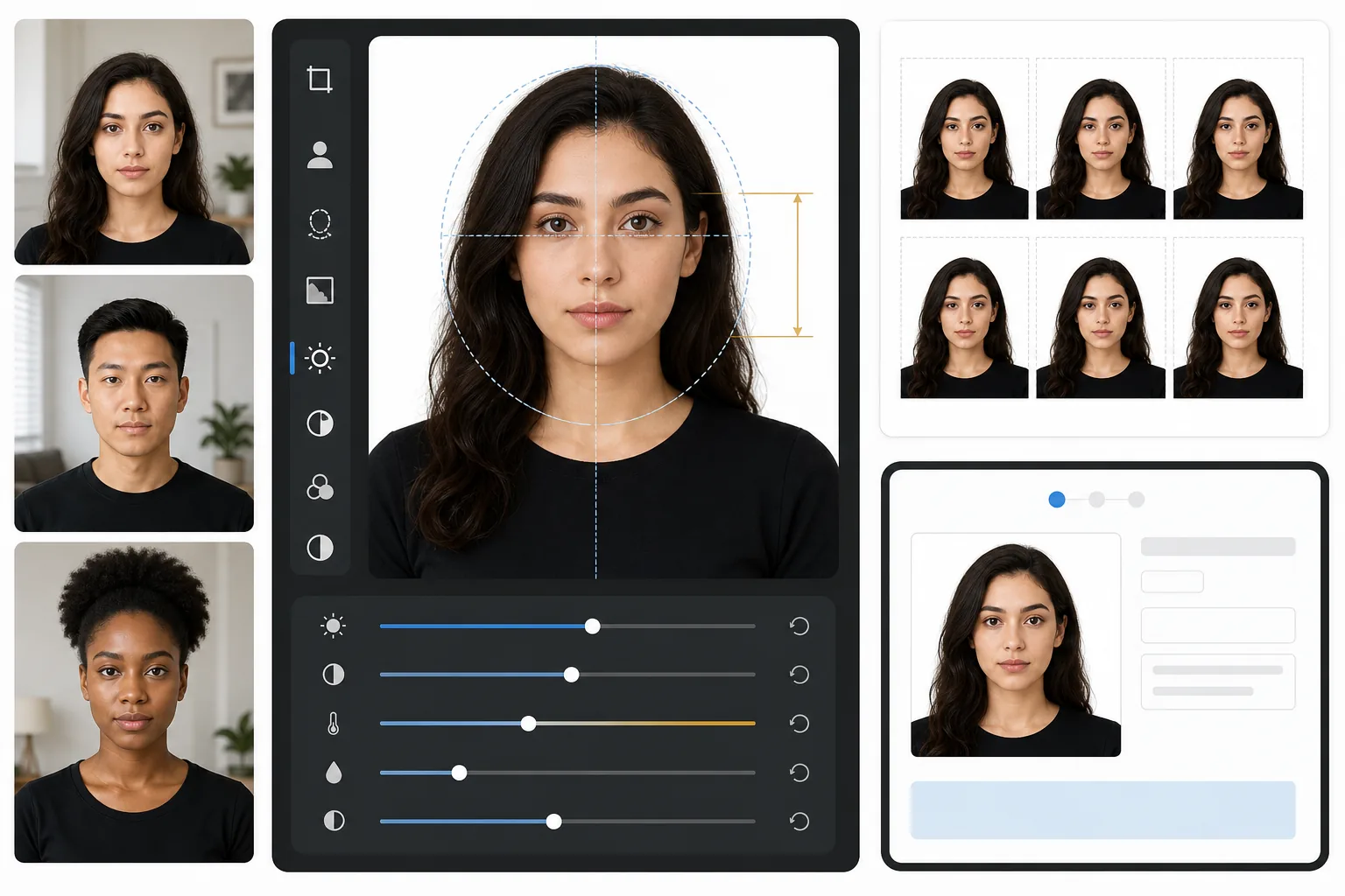 AI passport photo workflow removing portrait backgrounds, replacing them with plain white, aligning head size and eye position, correcting lighting, and exporting printable ID photos