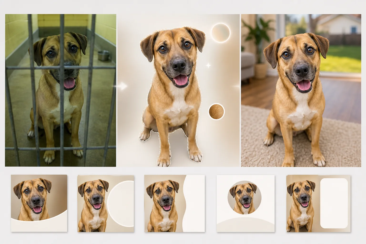 AI pet adoption photo workflow removing shelter bars and kennel backgrounds, enhancing eyes and fur detail, correcting lighting, and creating warm square adoption listing images