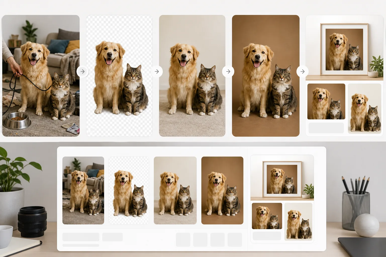 AI pet photo editing workflow removing clutter, isolating fur edges, erasing leashes, enhancing detail, and exporting portraits