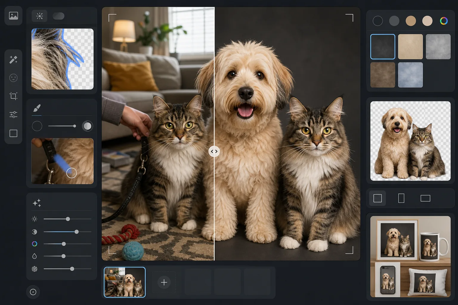 AI pet portrait studio workflow preserving wispy fur edges, removing leashes and handler distractions, enhancing pet eyes and coat texture, and previewing studio backdrop exports