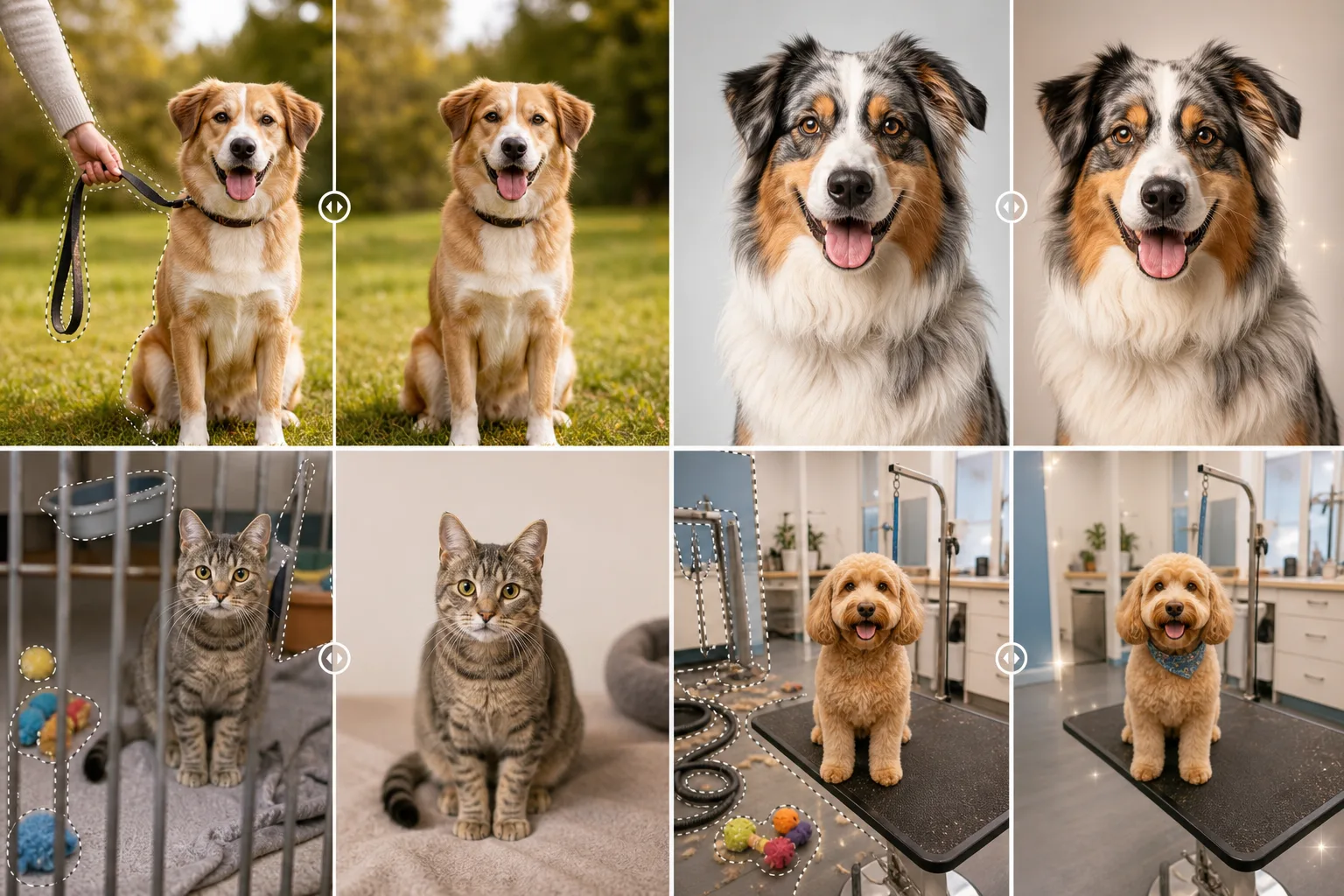 AI pet services photo editing workflow removing leashes, cage bars, and grooming clutter while enhancing pet portraits and adoption photos