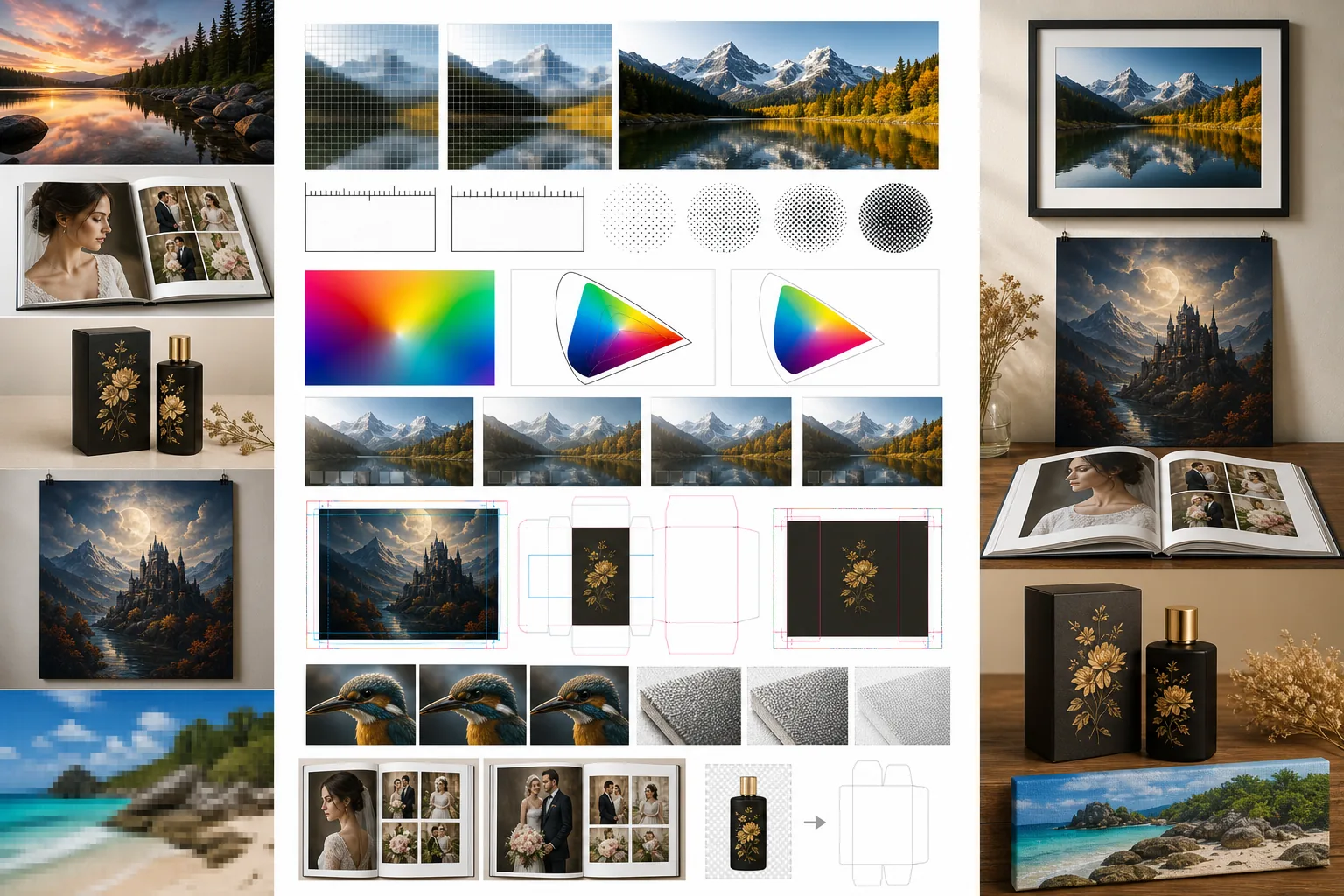 Photo editing for print workflow showing resolution planning, color proofing, bleed guides, photo books, packaging, and finished prints