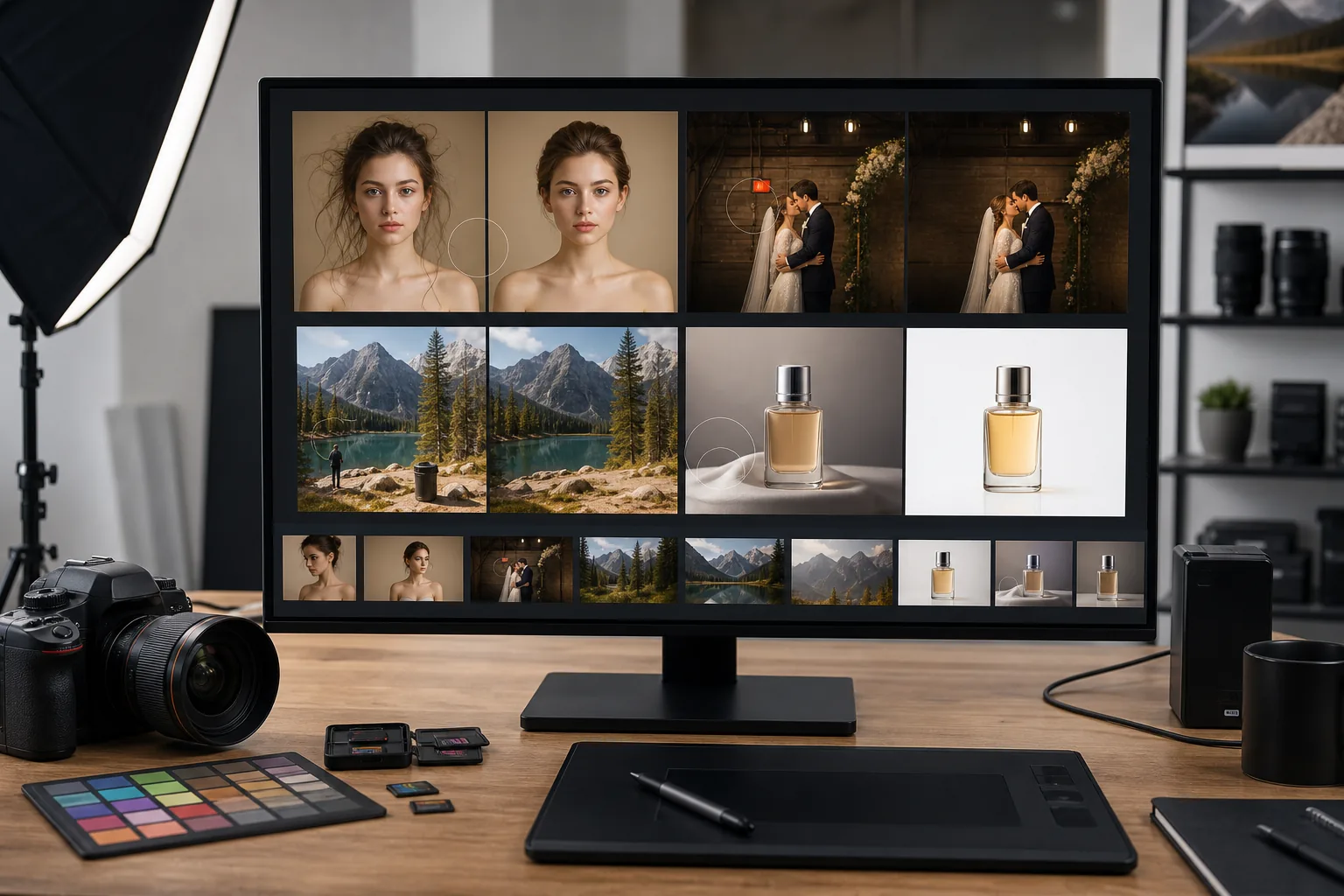AI photography workflow removing distractions from portraits, events, landscapes, and product photos before client delivery