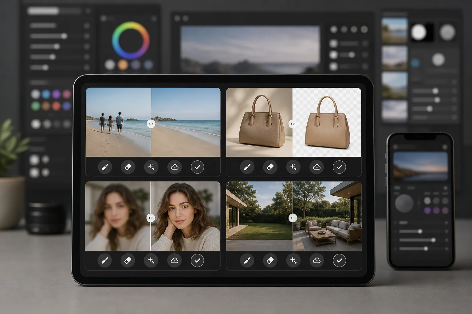 Simple AI cleanup workflow on tablet compared with a complex professional photo editing workspace in the background