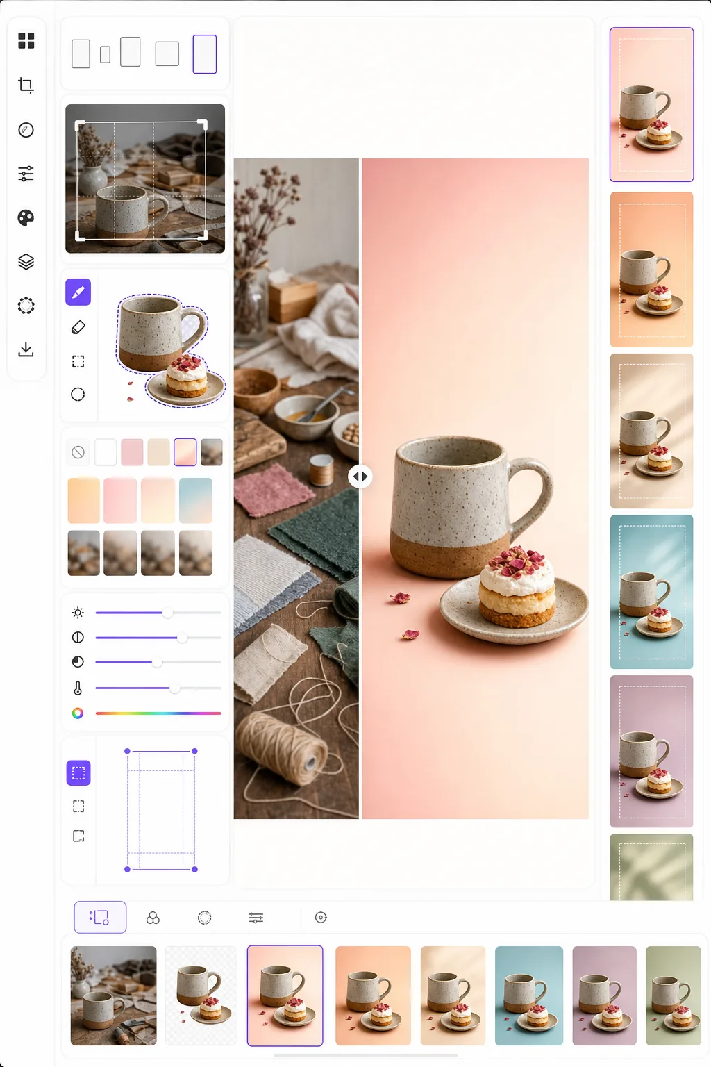 AI Pinterest pin image workflow isolating a lifestyle product subject, reframing it into a 2:3 vertical composition, applying clean gradient backgrounds, boosting color, and previewing multiple pin variants