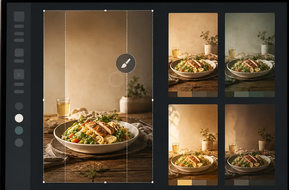 AI Pinterest pin workflow expanding landscape food photos into 2:3 vertical cards, cleaning backgrounds, applying filters, and exporting variants
