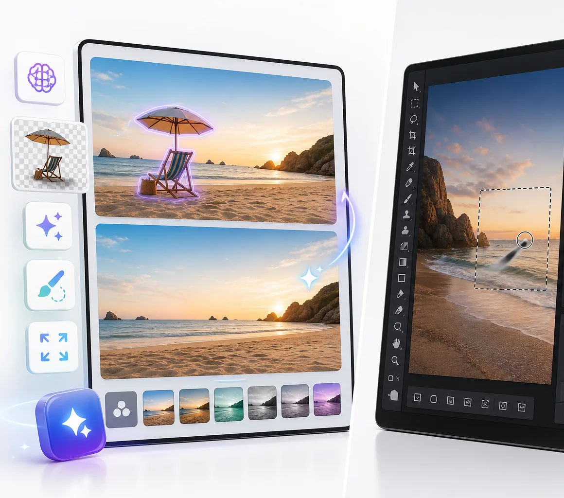 Comparison of an AI-first photo editing workflow with a traditional browser editor using selections and manual tools