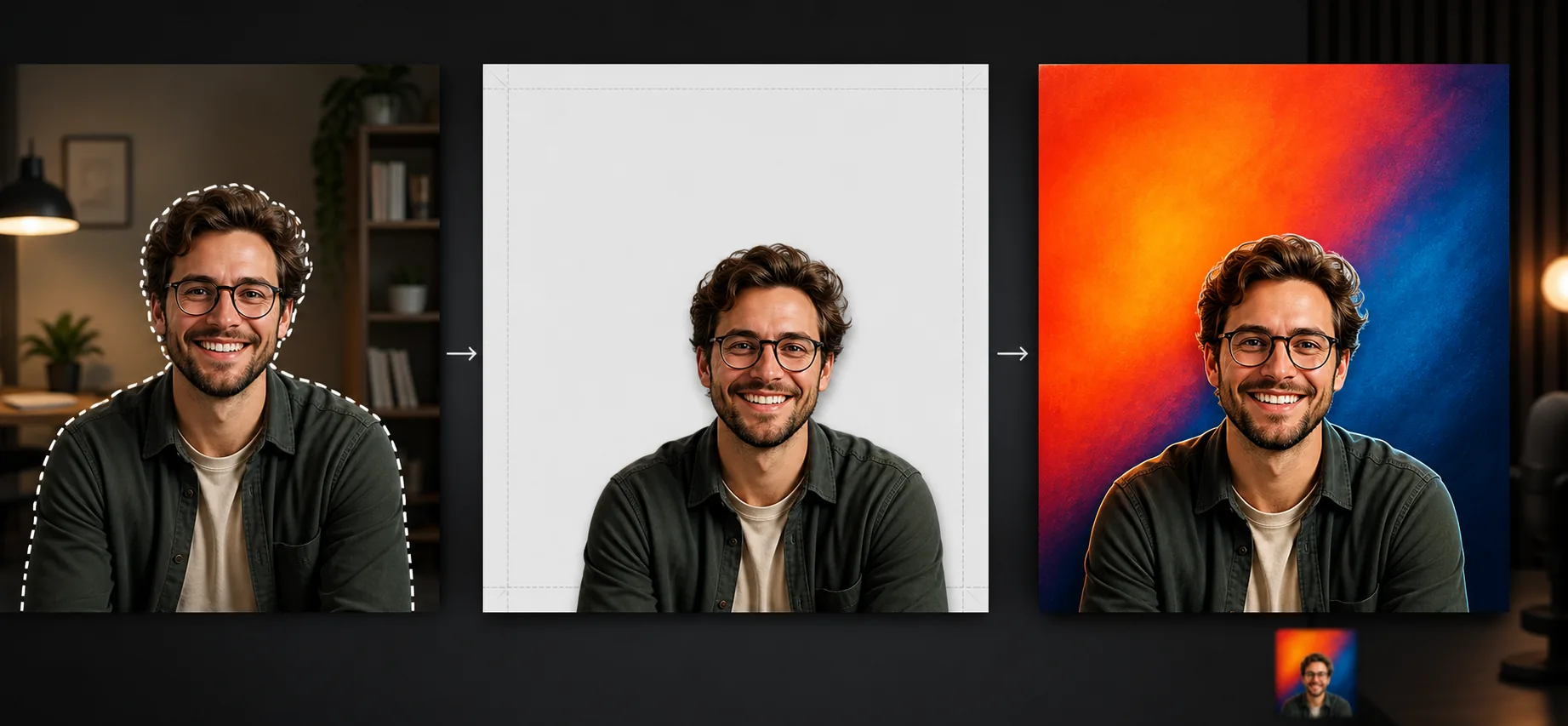 AI podcast cover art workflow isolating a host portrait, placing it on a square title-safe canvas, applying a vibrant branded background, and previewing thumbnail visibility