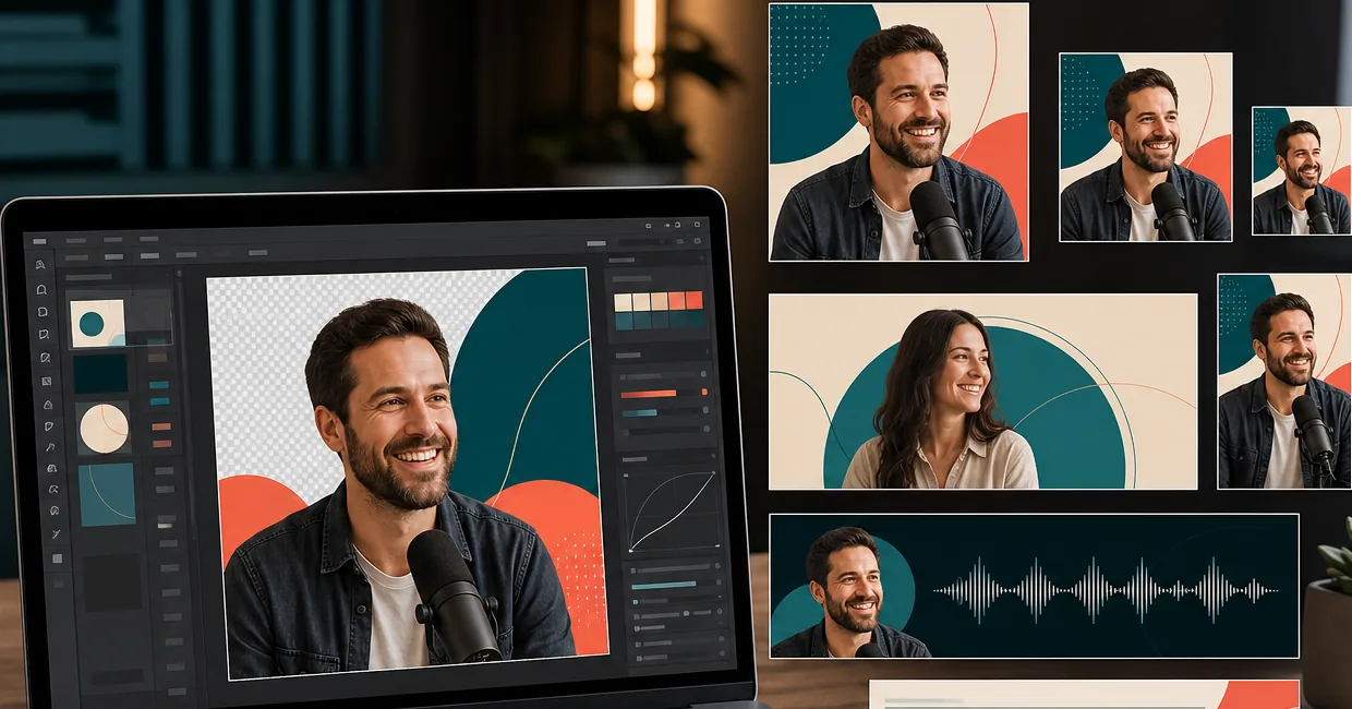 AI podcaster visual workflow preparing cover art, host portraits, guest graphics, audiogram crops, and seasonal refresh variants