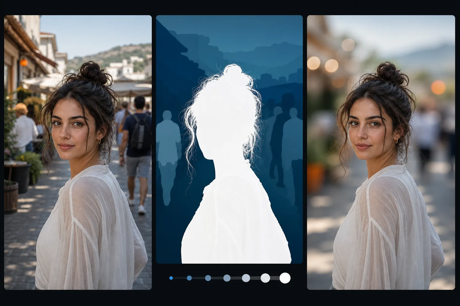 Portrait background blur workflow showing AI subject masking, hair edge preservation, graduated depth bands, and realistic bokeh separation