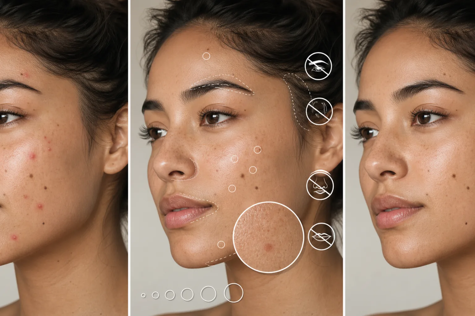 Portrait blemish removal workflow showing temporary mark selection, precise brush sizing, texture matching, protected permanent features, and natural final skin