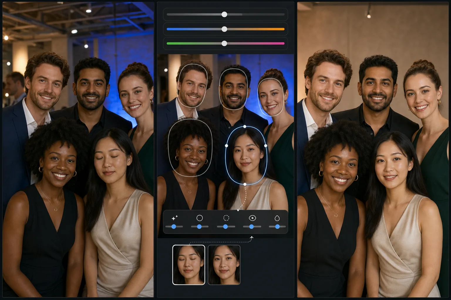 Group portrait editing workflow showing global color correction, AI face detection, batch retouch controls, individual fine-tuning, and blink replacement