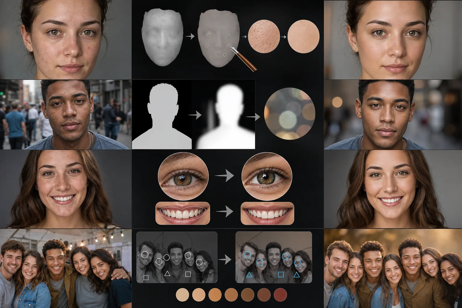 Portrait retouching workflow showing natural skin smoothing, blemish removal, background blur, eye and teeth enhancement, and group portrait edits
