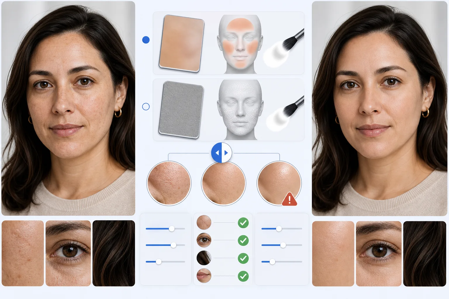 Natural portrait skin smoothing workflow showing tone and texture separation, gentle brush areas, preserved facial details, and over-smoothing avoidance