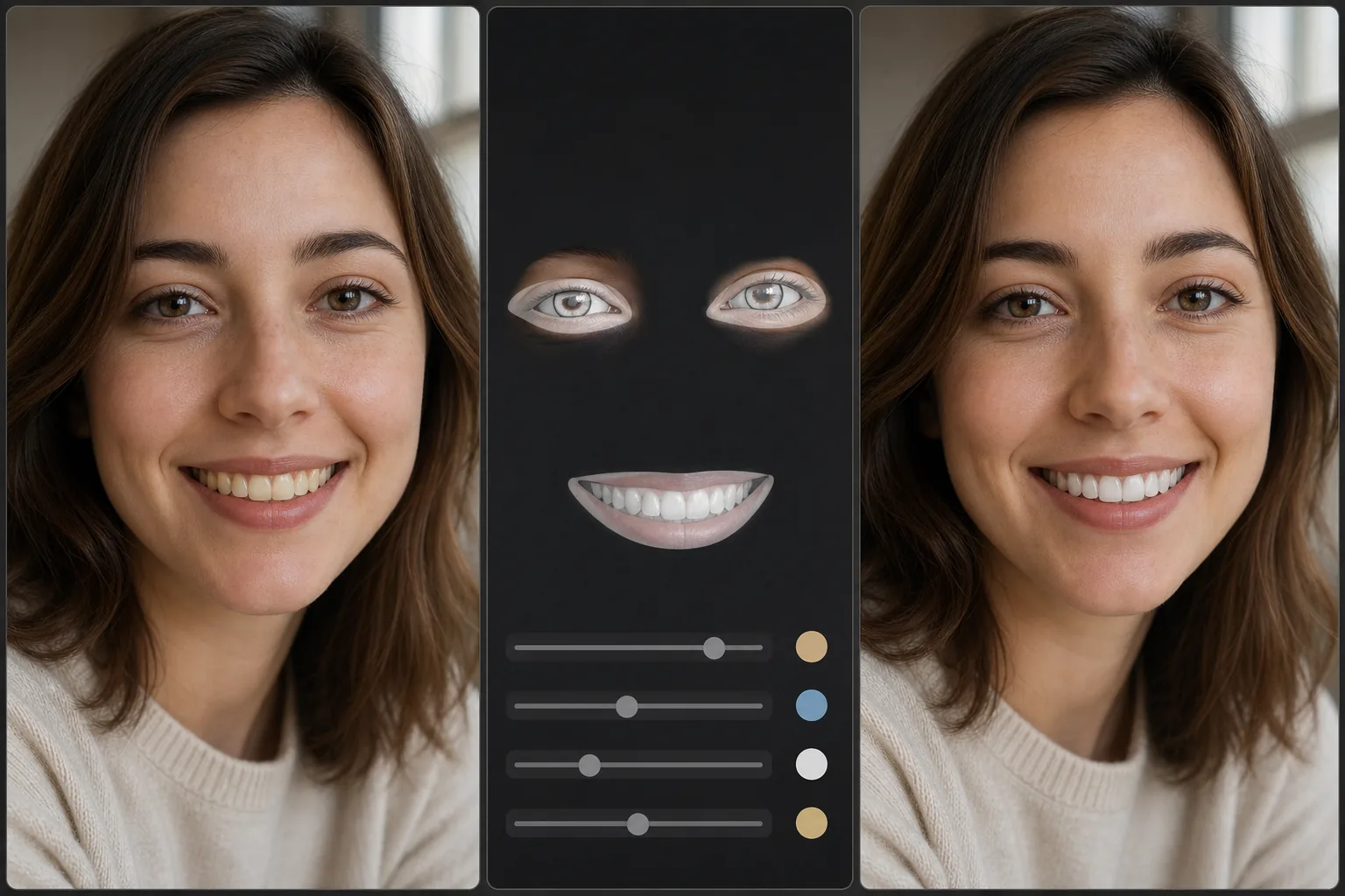 Portrait teeth and eye enhancement workflow showing targeted masks, yellow cast reduction, iris detail, catchlight clarity, and natural final brightness
