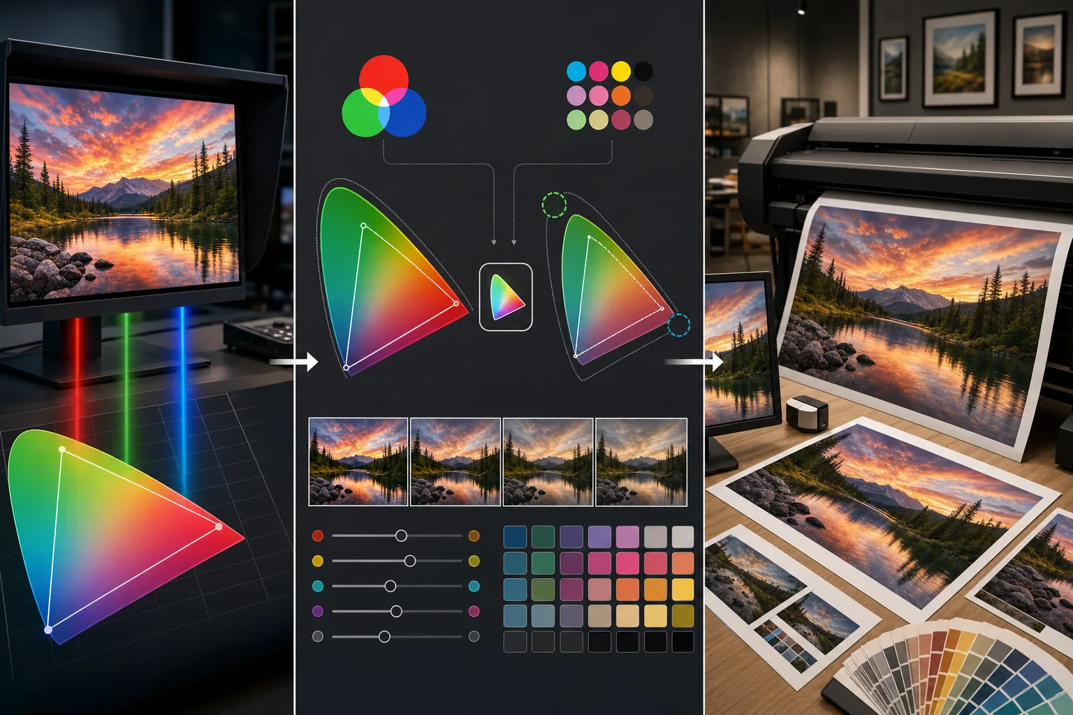 Print color profile workflow showing RGB screen gamut, CMYK ink gamut limits, soft-proof variants, pre-conversion color adjustments, and matched print proofs