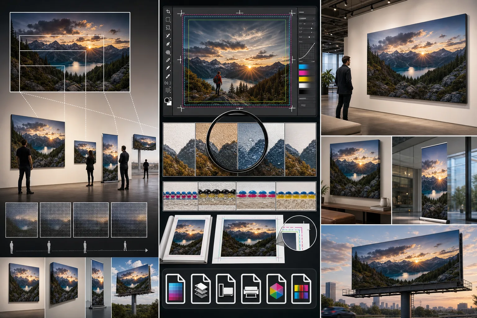 Large format print preparation workflow showing viewing distance resolution planning, output sharpening for print substrates, bleed and safe-zone setup, vendor export checks, and installed poster banner and billboard prints