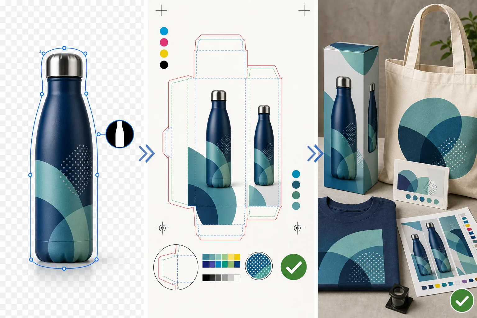 Packaging and merchandise print workflow showing transparent product cutouts, dieline placement with bleed and safe zones, ink color proofing, and finished box label tote and shirt outputs