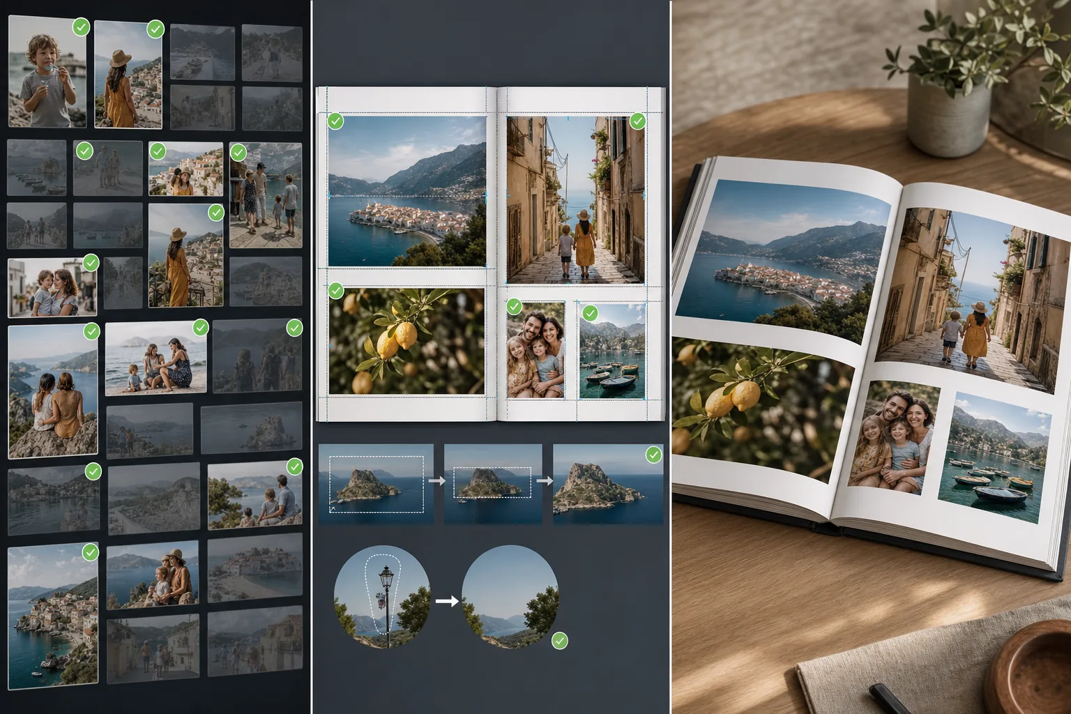 Photo book editing workflow showing curated image selection, cohesive spread layout, consistent color and exposure matching, crop and cleanup checks, and a finished printed album