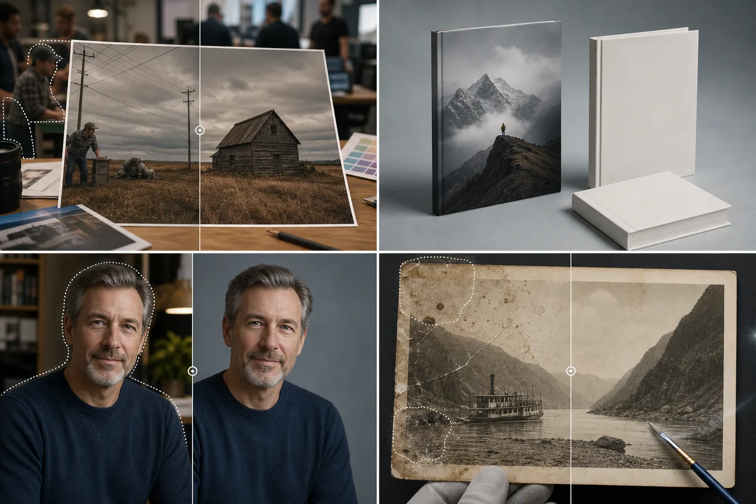 AI print and publishing photo editing workflow cleaning editorial images, preparing book cover visuals, standardizing author portraits, and restoring archival photos