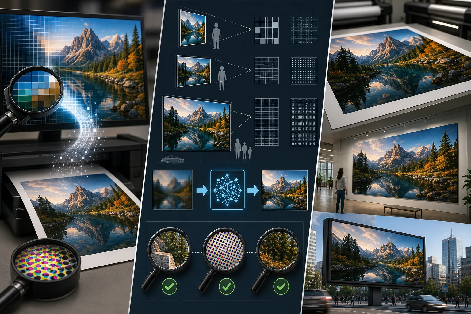 Print resolution workflow showing pixel grids, ink dot density, viewing distance requirements, AI upscaling for larger output, and sharp photo poster and billboard prints