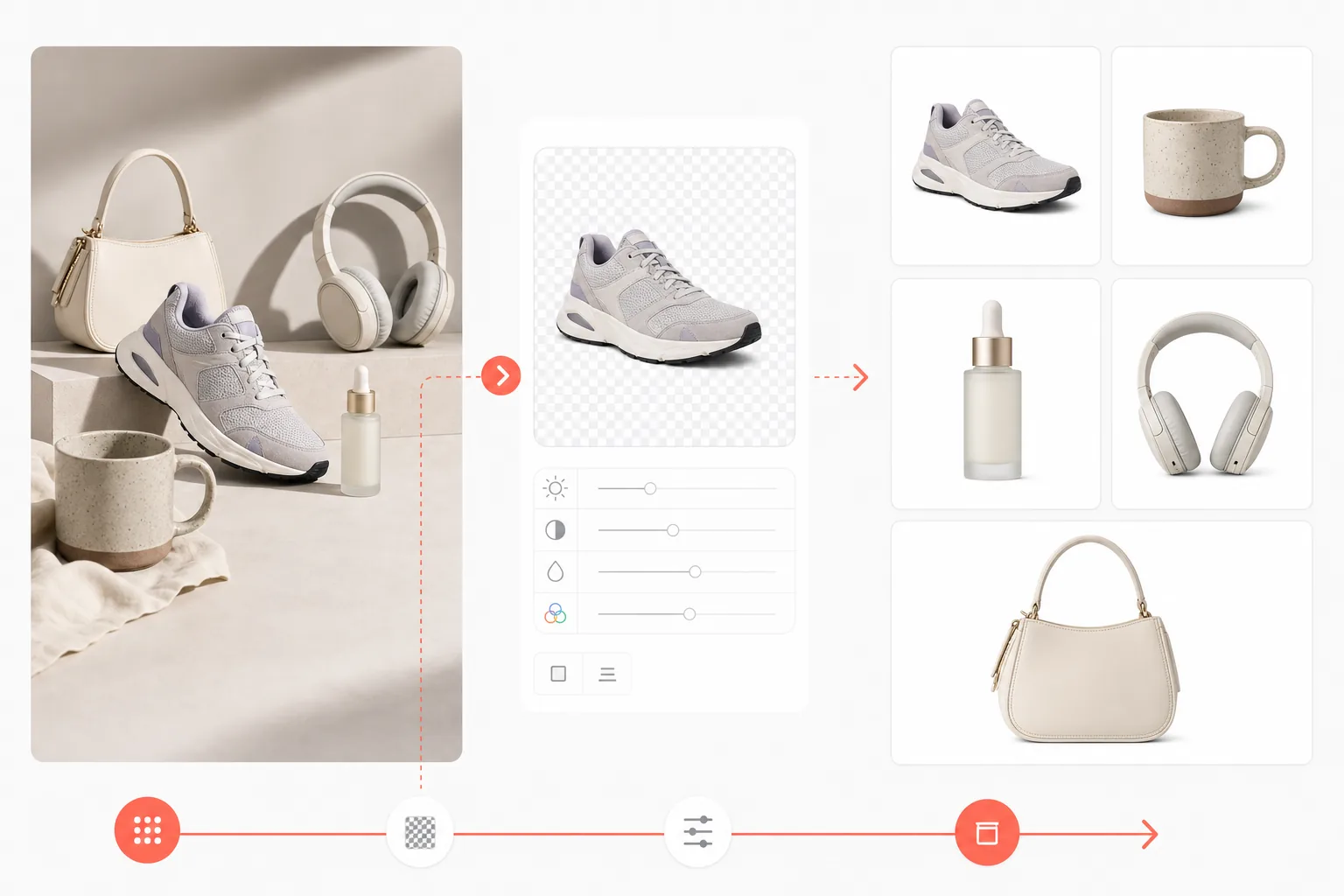 AI product photo white background workflow removing cluttered product photo backgrounds, isolating products, enhancing details, and exporting marketplace-ready square images
