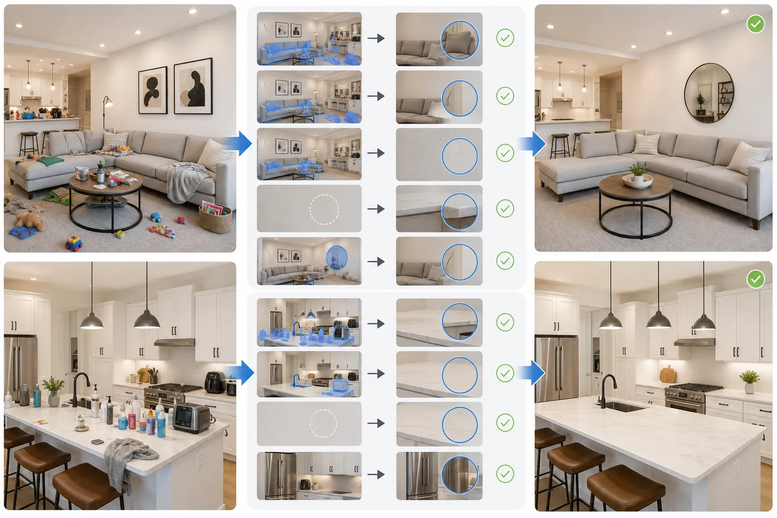 Real estate interior decluttering workflow showing masked personal items, surface reconstruction, reflection cleanup, and clean listing-ready rooms