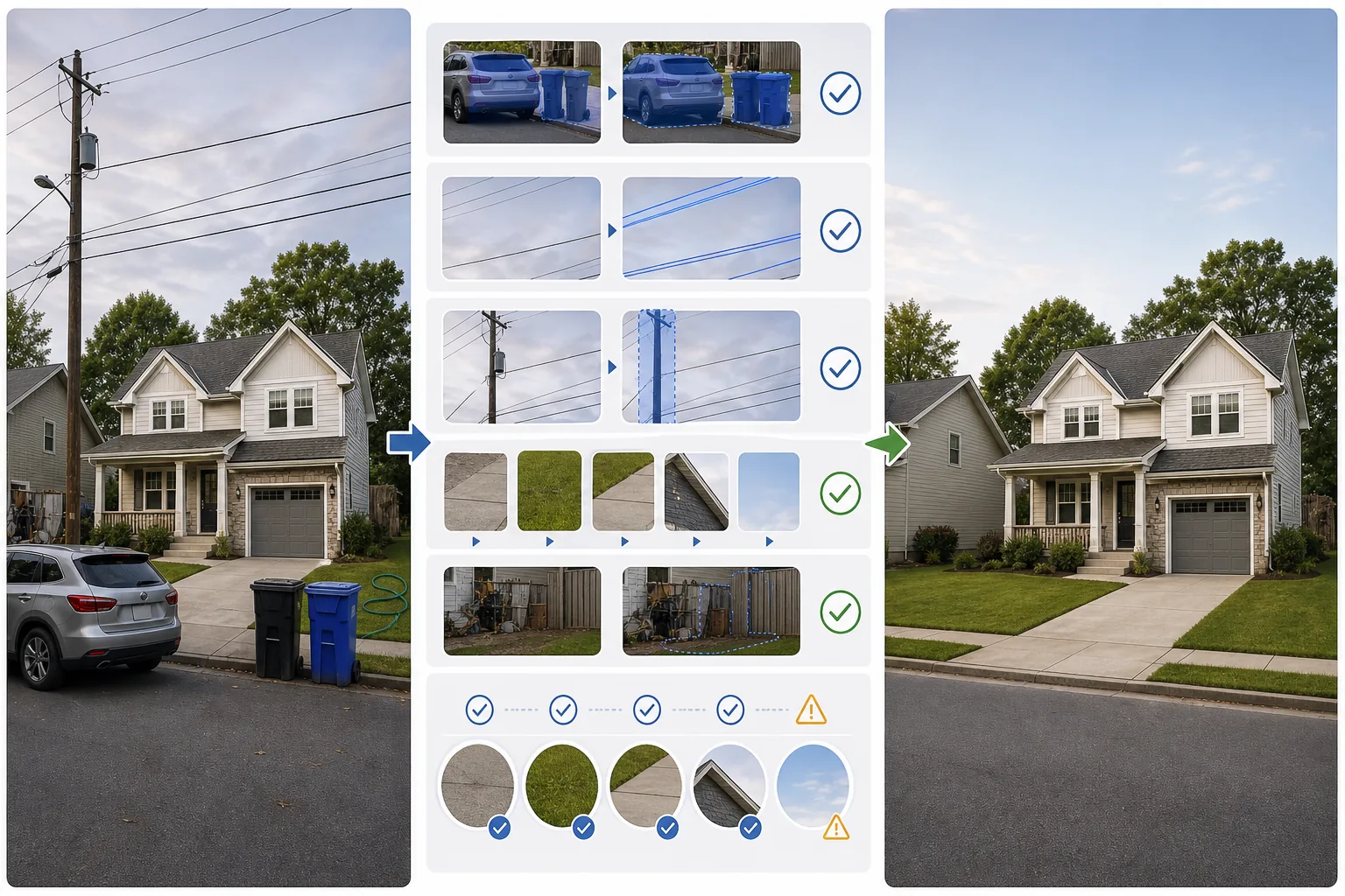 Real estate exterior cleanup workflow showing masked curbside clutter, vehicle removal, power line cleanup, texture checks, and improved curb appeal