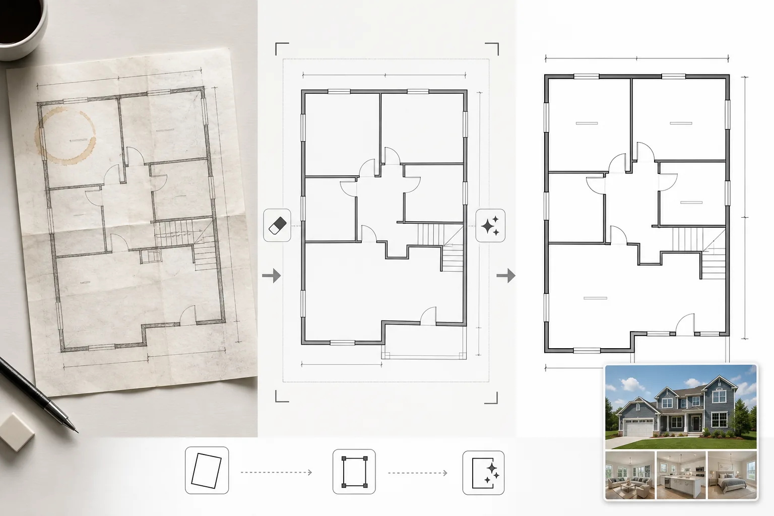 AI real estate floor plan workflow cleaning a photographed paper plan, removing stains and creases, correcting perspective, sharpening wall lines, and preparing a listing-ready diagram