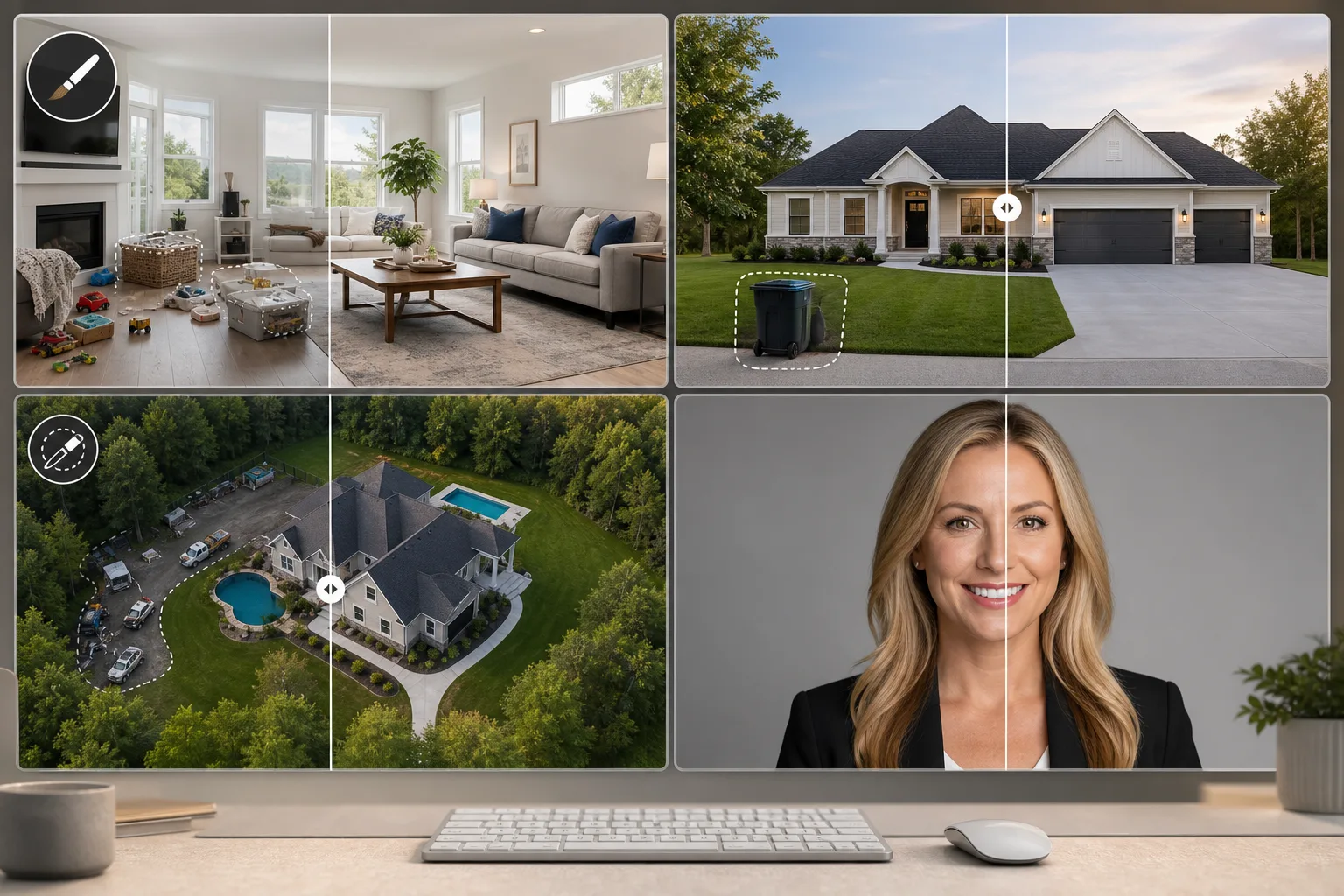AI real estate photo editing workflow cleaning interiors, exteriors, aerial property shots, and agent portraits for polished listings