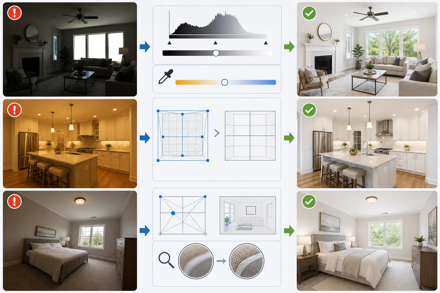 Real estate listing photo standards workflow showing exposure balance, white balance correction, perspective alignment, composition, and sharpness checks